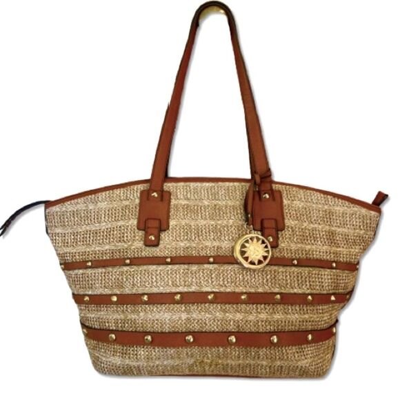 Jessica Simpson Lacey Straw Faux Leather Boho Beachy Tote Bag In Natural - Picture 1 of 14